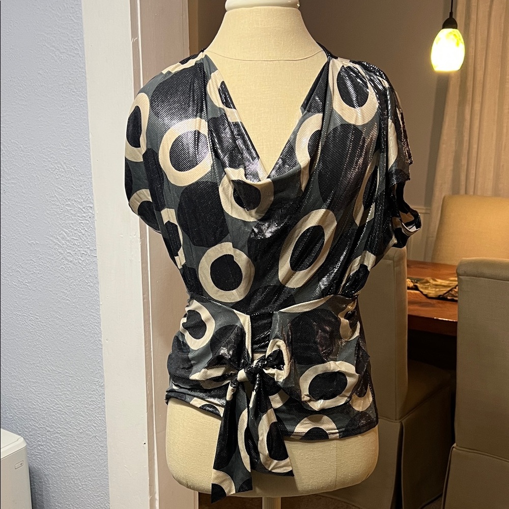 Joseph Ribkoff Black and Cream Circle-Print Tie-Front Draped Blouse